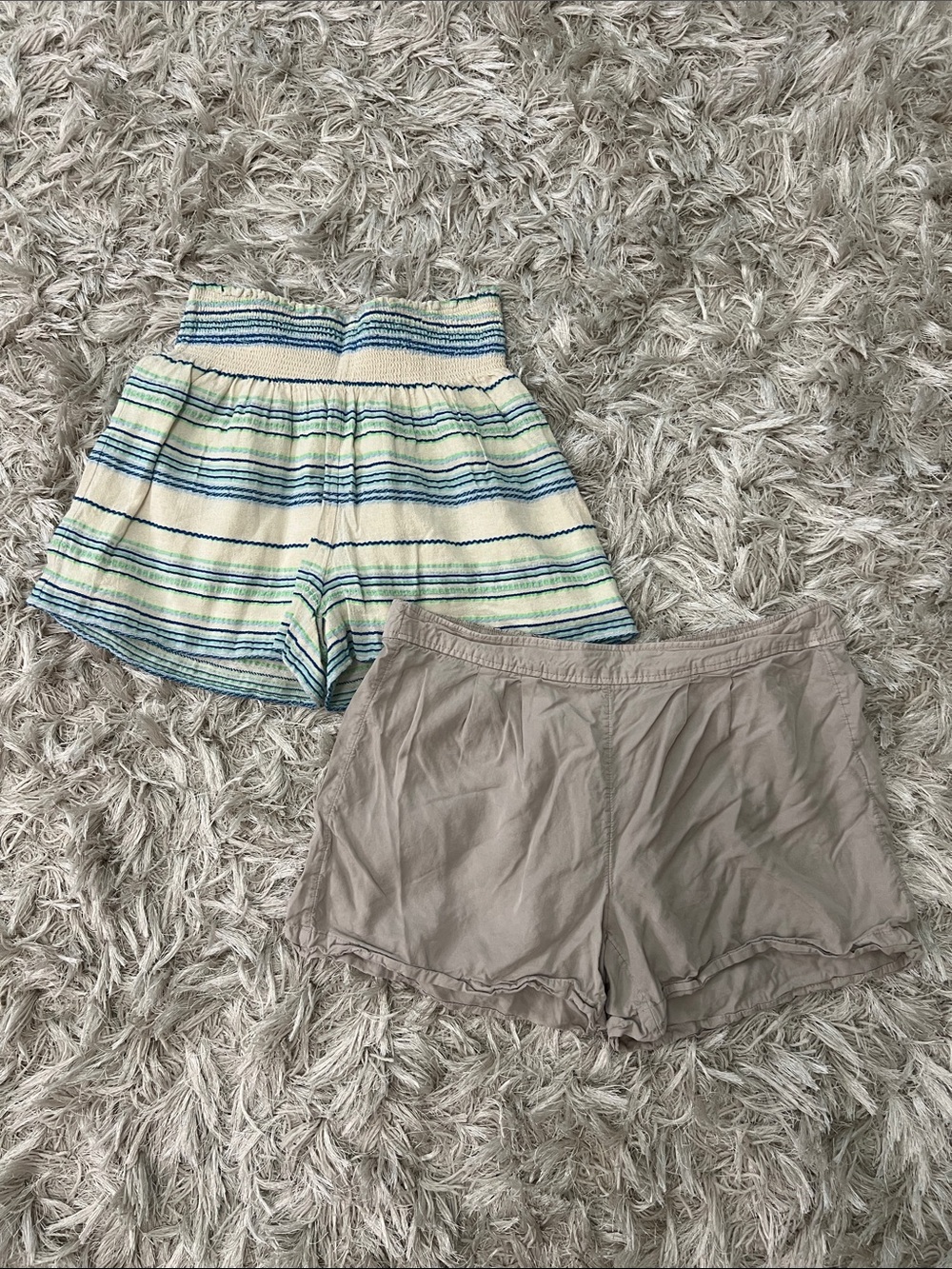 Striped Blue & Green High-Waist Women’s Shorts and Taupe Lounge Shorts Bundle